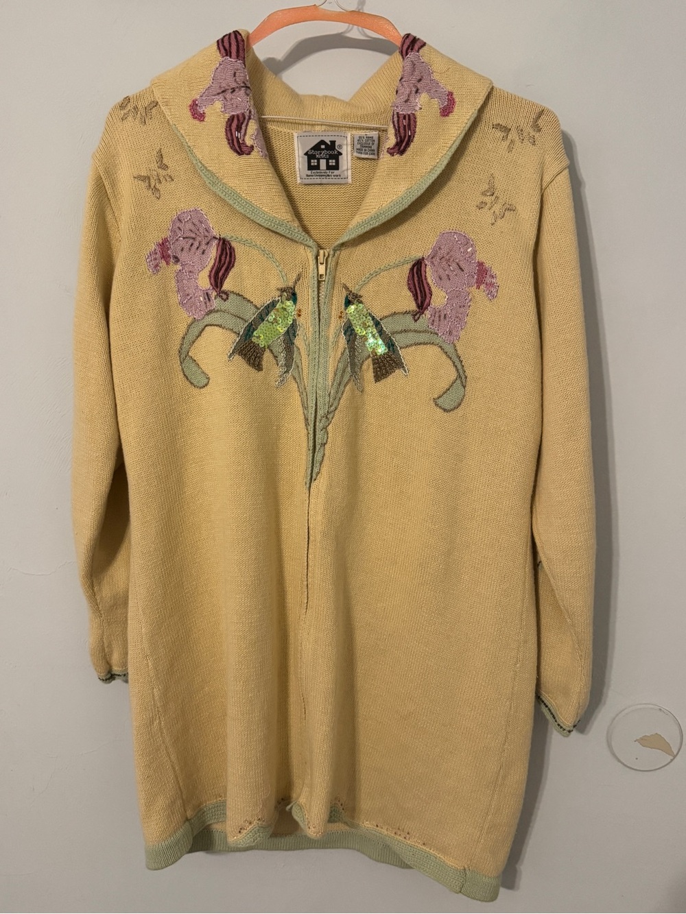 VTG Storybook Knits Enchanted Gaze Yellow Zip Up Cardigan Sweater Hummingbird